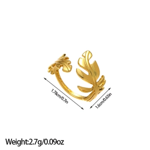 Detail view of 18K gold monstera leaf ring showing size 1.78cm and weight 2.7g specs
