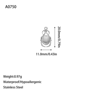 Detailed specs of stainless steel scarab pendant featuring 20mm x 11mm dimensions