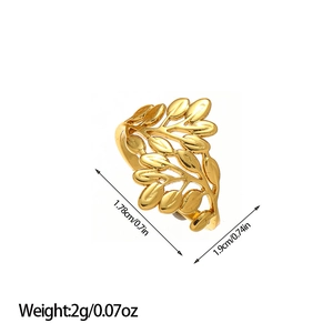 Detailed size chart showing dimensions and weight for the hollow olive leaf gold ring
