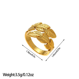 Detailed dimension guide showing height and diameter of the gold feather wrap ring