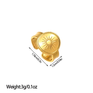 Detailed size specifications for 18k gold plated sunburst ring with adjustable band