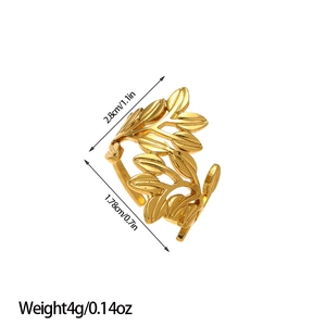 Detailed size view of an adjustable gold olive leaf ring with specific measurements