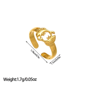 Detailed macro view showing the size and weight specs of a golden Pisces open ring