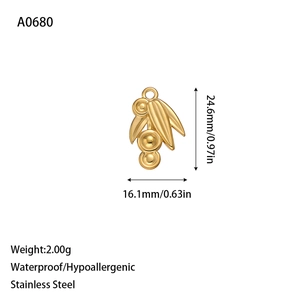 Detailed view of golden stainless steel bamboo leaf pendant with dimensions 24.6x16.1mm