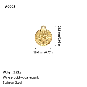 Macro shot of 18K gold plated stainless steel star compass pendant with dimensions