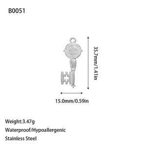 Detailed view of stainless steel key pendant with dimensions and religious engraving