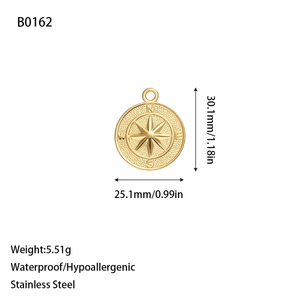 Detailed size view of an 18K gold plated stainless steel compass pendant with dimensions