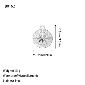 Macro view of waterproof stainless steel compass pendant with dimensions and weight info