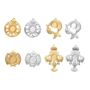 Detailed close-up of DIY stainless steel pendants with central round bezel for gemstone inlay