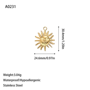 Vue macro d'un pendentif soleil en acier inoxydable plaqué or 18 carats avec visage