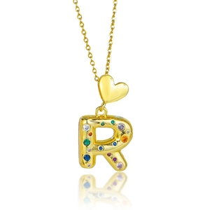Vue détaillée du pendentif lettre R en or 18 carats avec zircons colorés sertis