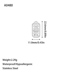 Detailed size and weight view of a silver stainless steel celestial rectangle pendant