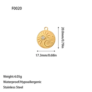 Detail view of 20mm waterproof stainless steel sun and moon pendant with dimensions and weight