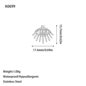 Detailed view of evil eye stainless steel pendant with size specs and waterproof features
