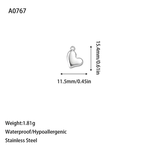 Technical drawing of a stainless steel heart pendant showing size 15.4mm x 11.5mm