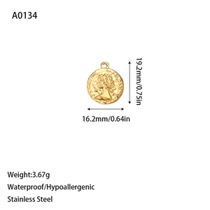 Macro view of gold stainless steel religious coin pendant with waterproof specs
