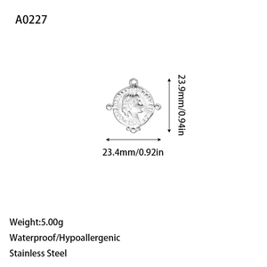 Technical detail of silver stainless steel Virgin Mary pendant showing precise 23.9mm size