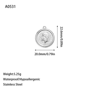 Macro view of stainless steel George V coin pendant with precise size and weight measurements