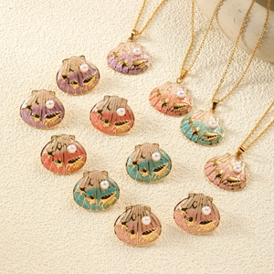 Fashion Titanium Steel Jewelry Necklace And Earrings Seashell Butterfly Flower Design Enamel Artificial Pearl Accessories For Women