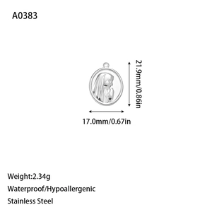Macro view of stainless steel Virgin Mary pendant showing 21.9mm x 17.0mm dimensions