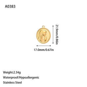 Detailed view of oval Virgin Mary pendant with dimensions 21.9mm by 17.0mm and 2.34g weight