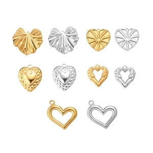 Polished stainless steel heart charm set with 10 assorted gold and silver DIY pendants