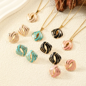 Titanium steel jewelry set with square swirl enamel necklaces and matching stud earrings