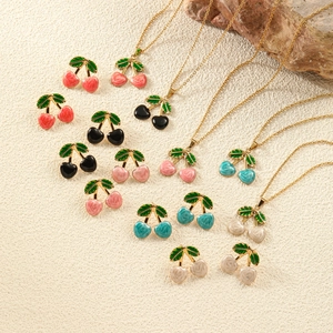 Elegant cherry jewelry set with heart rose textures in multiple colors and golden chain