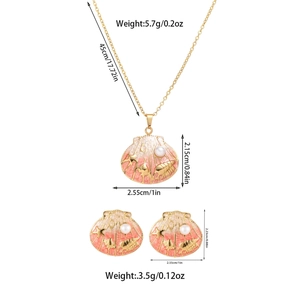Detailed view of sea shell jewelry set dimensions including pink necklace and earrings