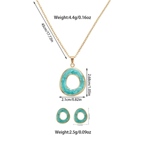Titanium steel jewelry set with green marble resin inlay and dimension specifications