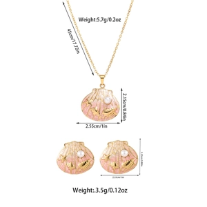 Detail view of pink enamel shell necklace and earrings with starfish and pearls