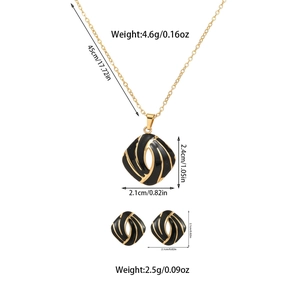 Detailed dimensions of gold titanium steel necklace and earring set with black enamel