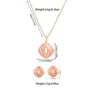 Pink enamel jewelry set size guide with dimensions for square necklace and stud earrings