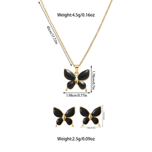 Detailed size chart for black butterfly jewelry set with necklace and earring dimensions