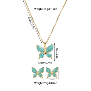 Detail view of butterfly jewelry set with green enamel finish and size specifications