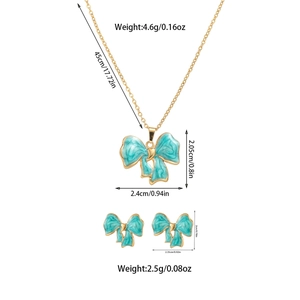 Detailed specs of teal bow jewelry set featuring necklace and earrings dimensions