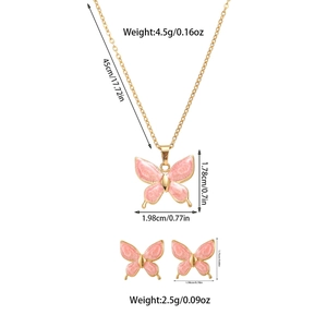 Detailed dimensions of butterfly necklace and earrings set in pink enamel finish