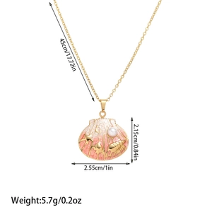 Detailed dimensions of pink enamel seashell necklace with starfish and pearl accents