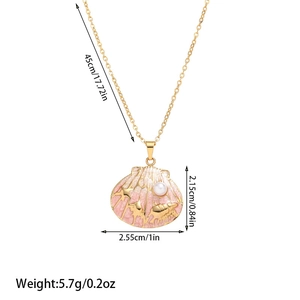 Detailed size view of sea shell pendant necklace with pink enamel and white pearl