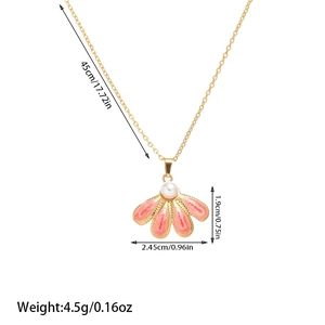 Detailed size specifications for gold flower necklace with pink enamel and pearl