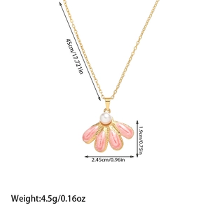 Detailed view of pink enamel flower pendant with pearl and 45cm gold chain specs