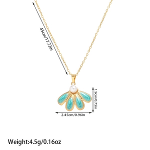 Detail showing dimensions of green enamel petal pendant with white faux pearl and gold chain