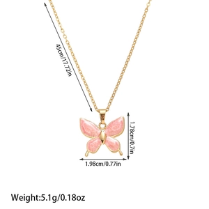 Detailed dimensions of gold titanium necklace with pink marble butterfly pendant
