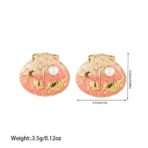 Detailed view of scallop fan earrings with pink enamel, pearl accent and size dimensions