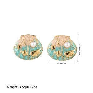 Detail of seashell stud earrings with mint enamel, faux pearl and starfish motifs