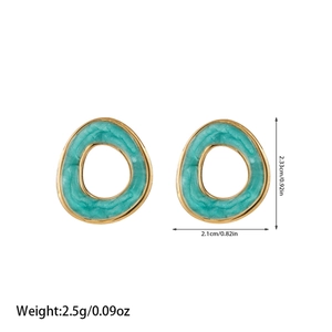 Detailed view of teal enamel irregular hoop earrings with gold trim and size metrics