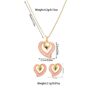 Detailed dimensions of pink enamel heart necklace and stud earrings jewelry set in gold