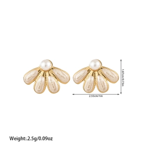 Detail showing golden petal stud earrings with white enamel and pearl inlay dimensions