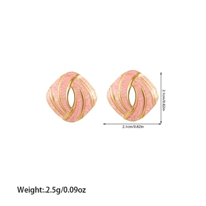 Detail of pink and gold square enamel earrings showing 2.1cm dimensions and 2.5g weight