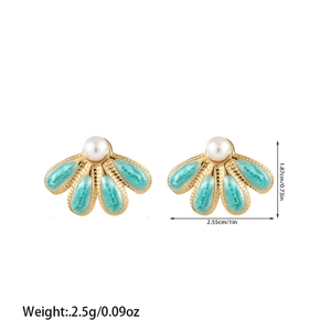 Detail showing dimensions of fan-shaped gold titanium earrings with blue stone and pearl